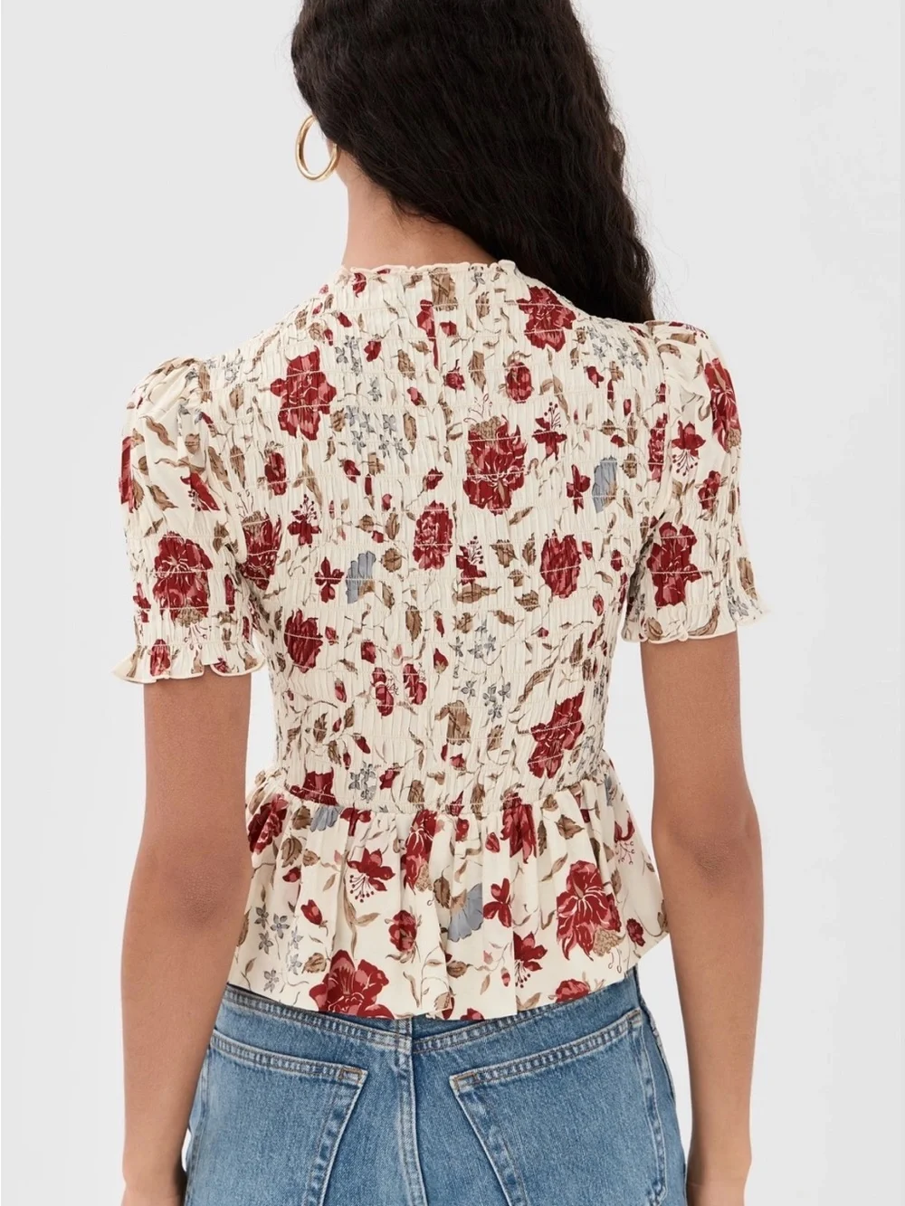 Smocked Peplum Floral Top in Cream and Red